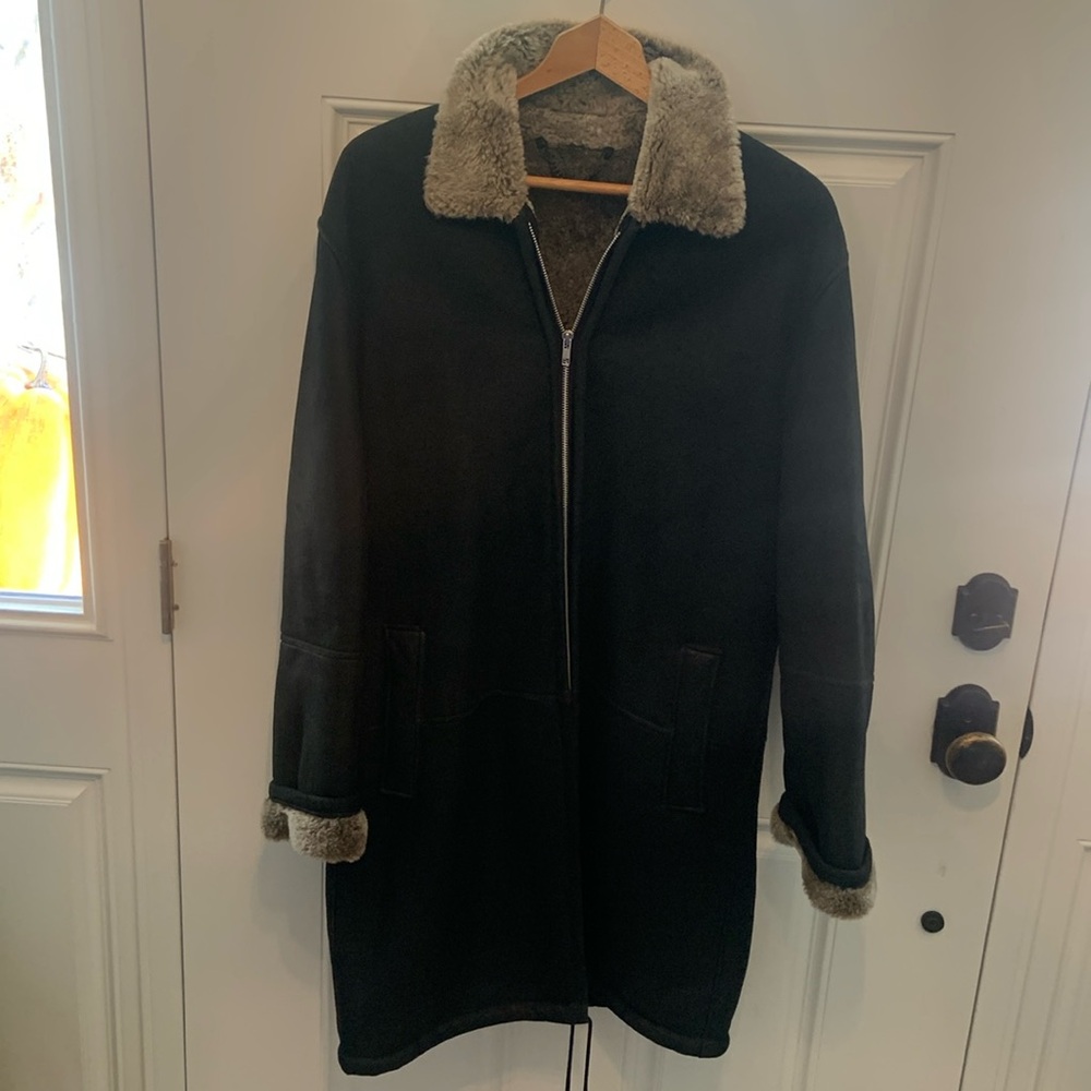 Versace Black leather & gray/brown fur Shearling Jacket.